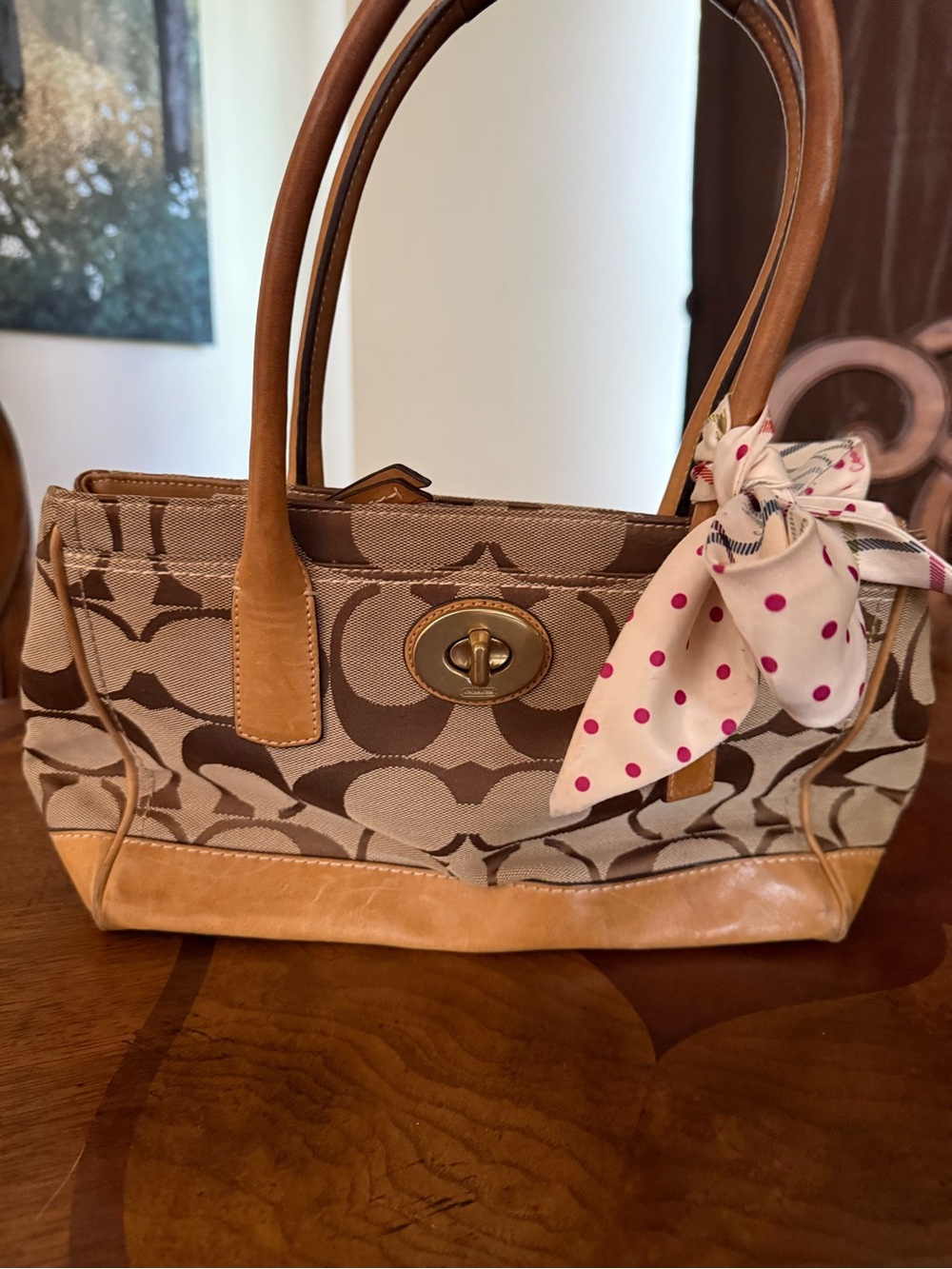 Coach Signature Canvas Shoulder Bag in Brown and Tan with Polka Dot Accent